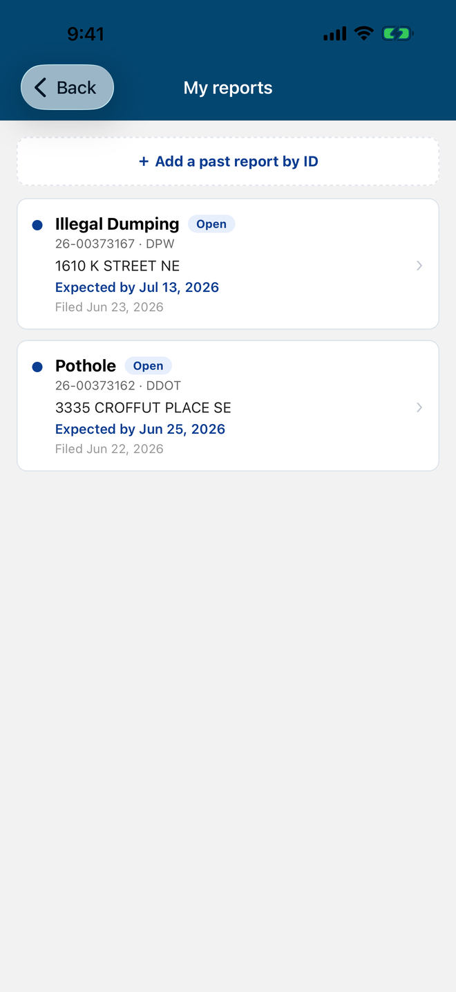 Snap311 My reports screen listing submitted reports with status and expected dates