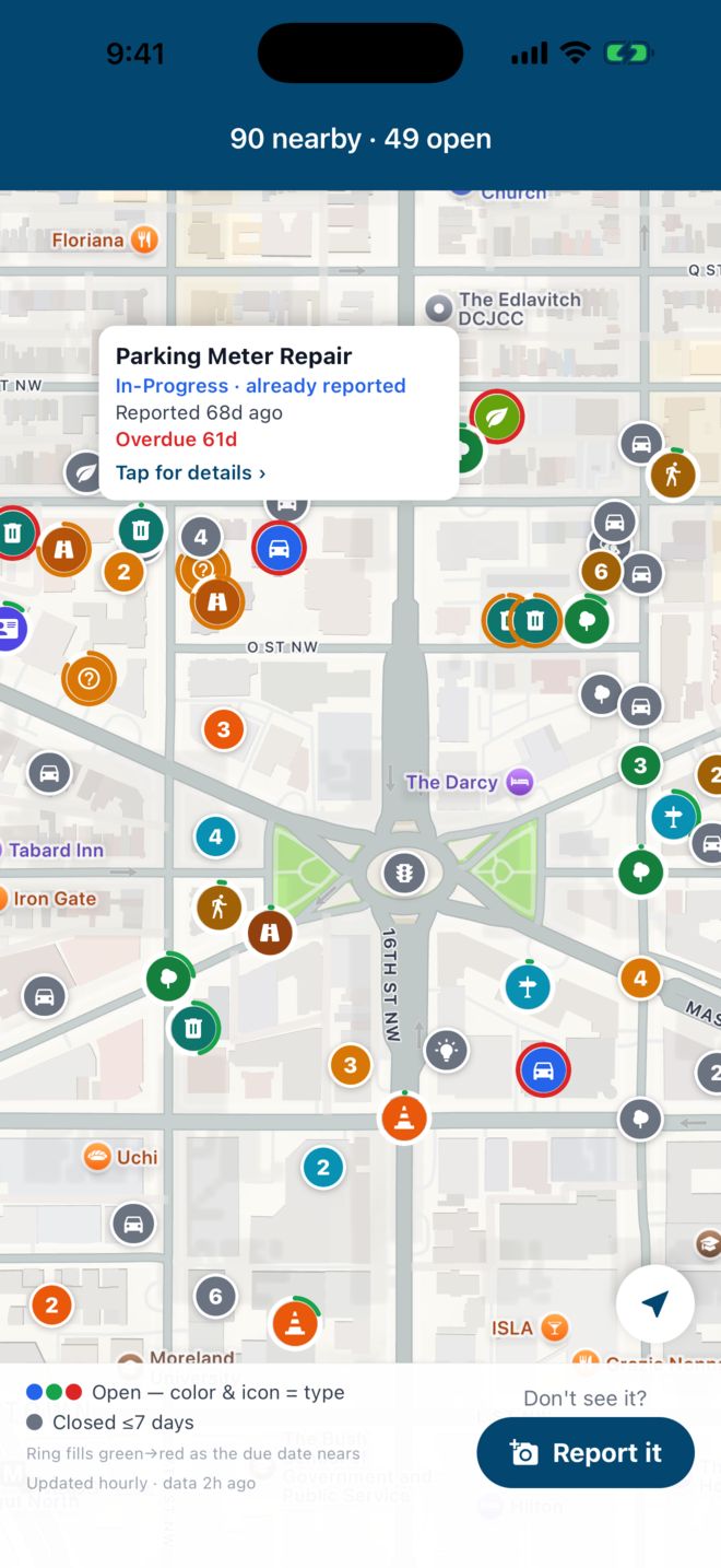 Snap311 nearby reports map showing open and overdue 311 issues around you