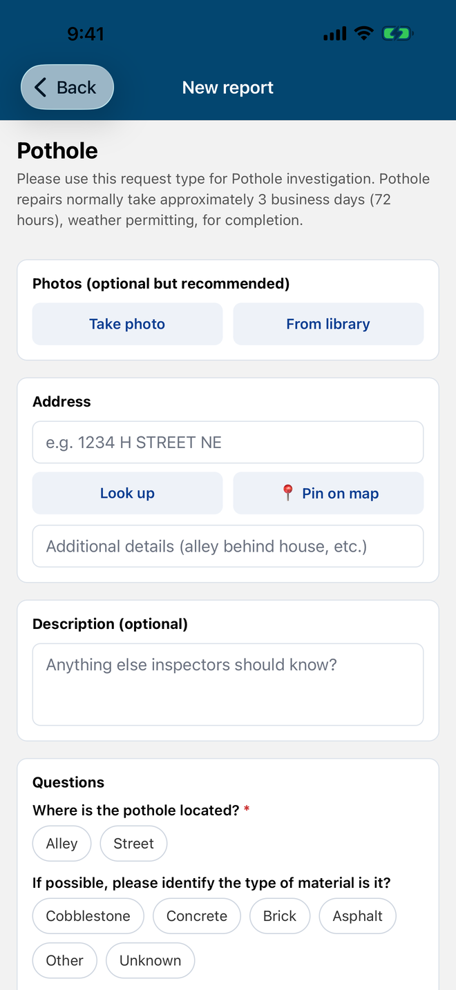 Snap311 new report screen with address lookup, a map pin, and guided questions