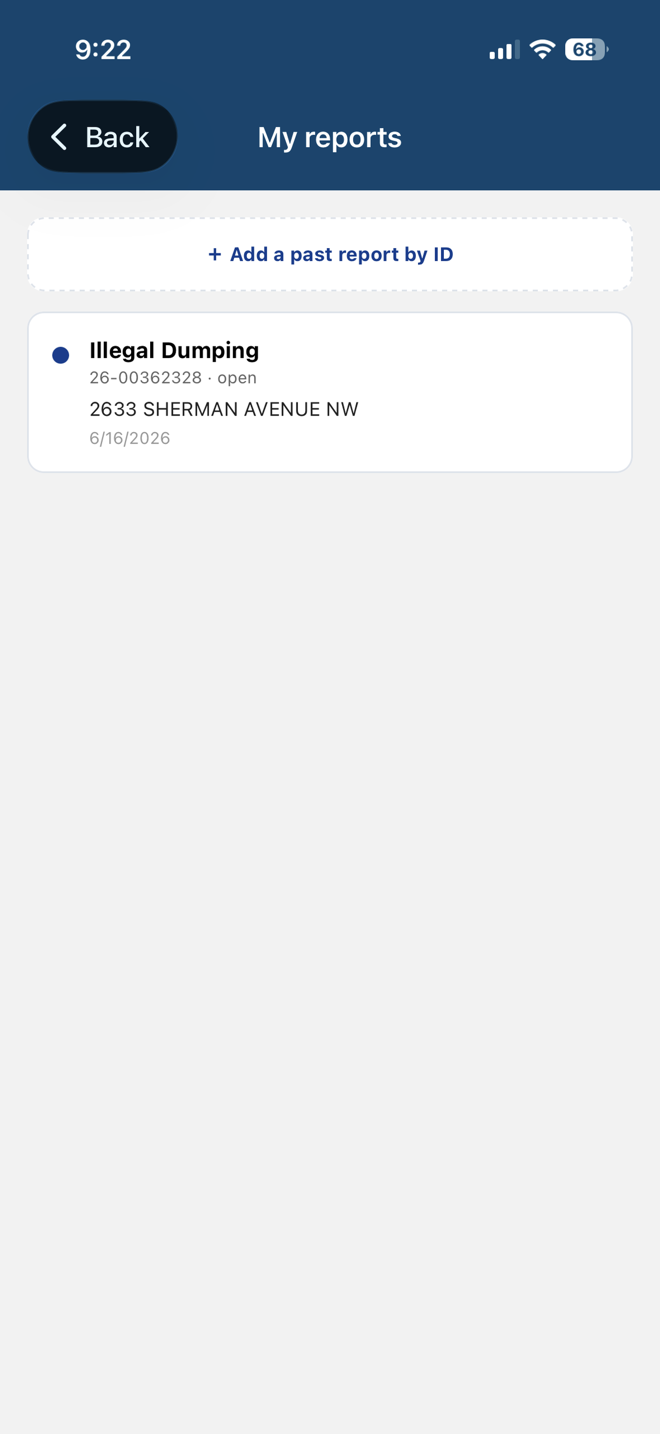 Snap311 My reports screen listing a submitted report and its status