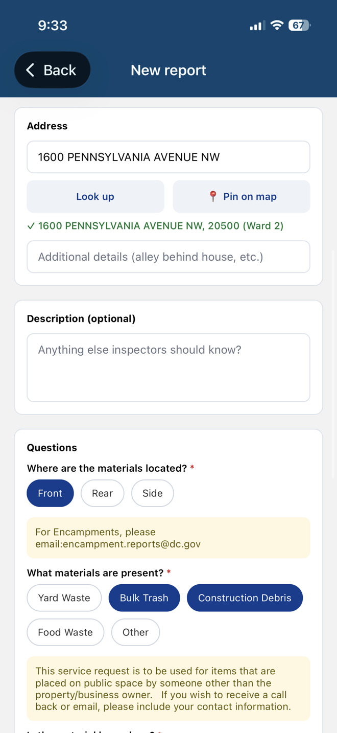 Snap311 new report screen with address lookup, map pin, and guided questions